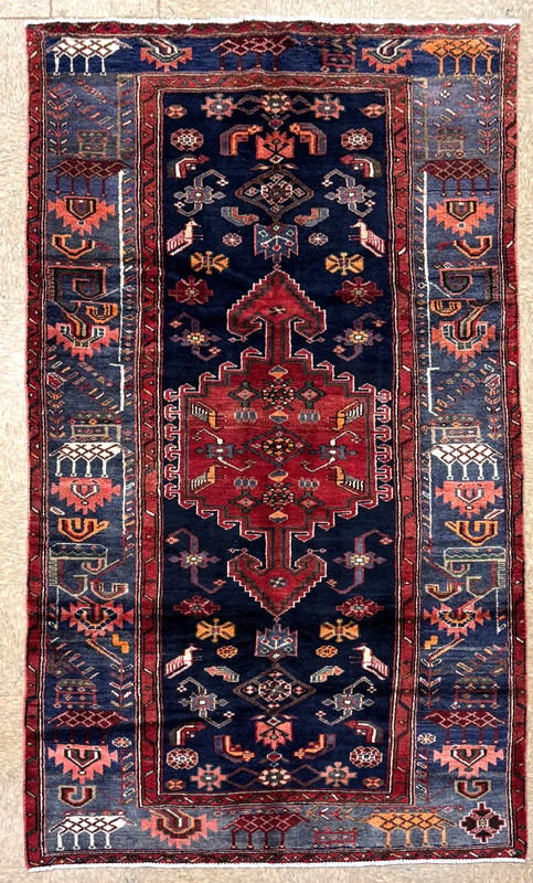 5x9 Hand Knotted Vintage Hamedan Wool Rug Navy Blue Tribal Bird Animal Oriental gallery