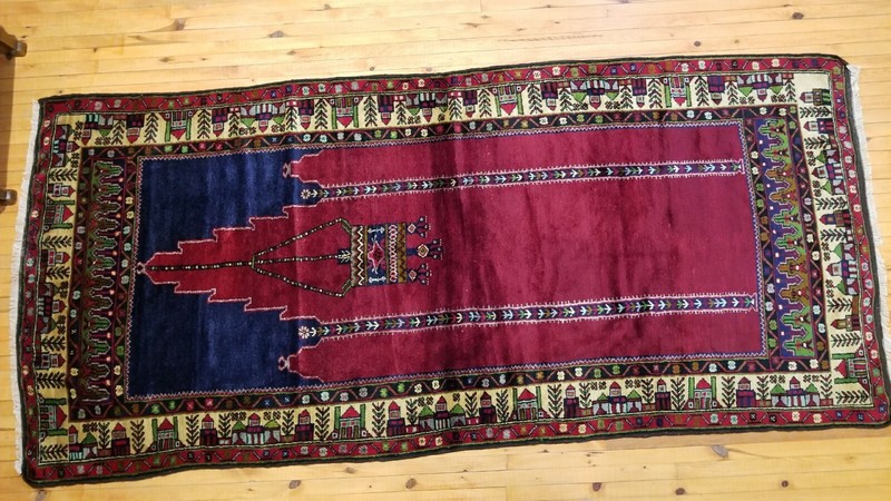 Stunning Vintage 1950-1960s Wool Pile Vegy Dye Prayer Rug 4’5”x9’ gallery