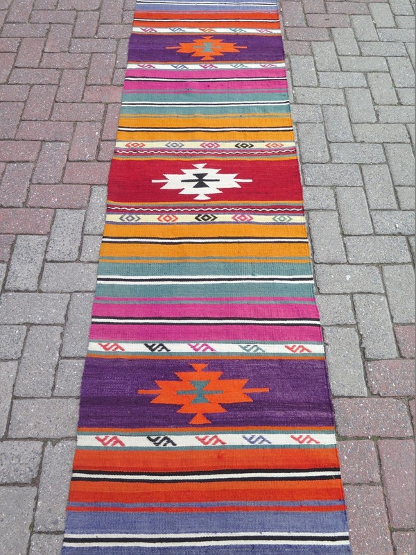 Multicolor Striped Vintage Turkish Runner Kelim, Handwoven Wool Boho Rug 25"x97" gallery