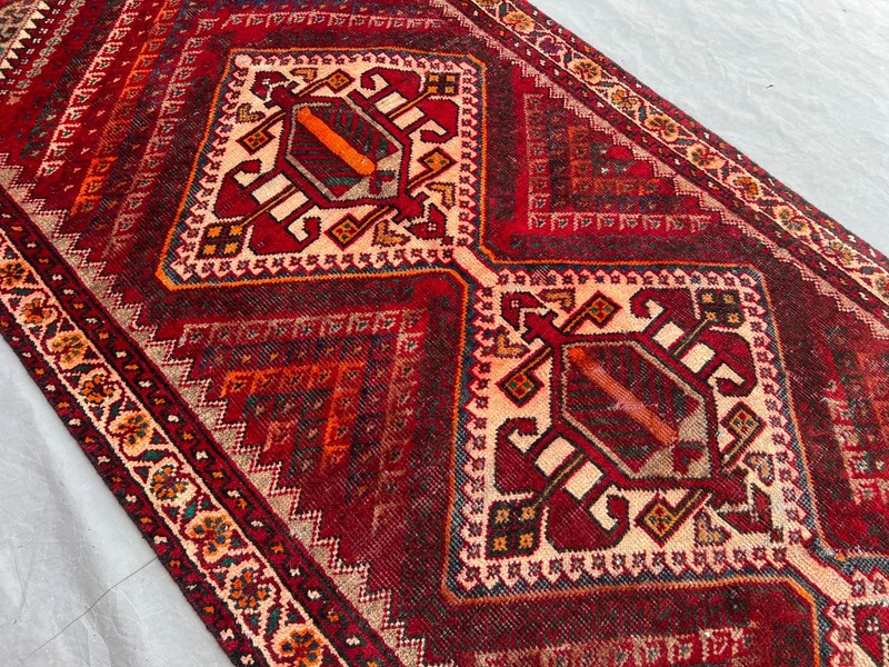 3'7x9'5 ft Vintage Afghan Baluchi Red Geometric Hand Knotted Wool Runner Rug gallery