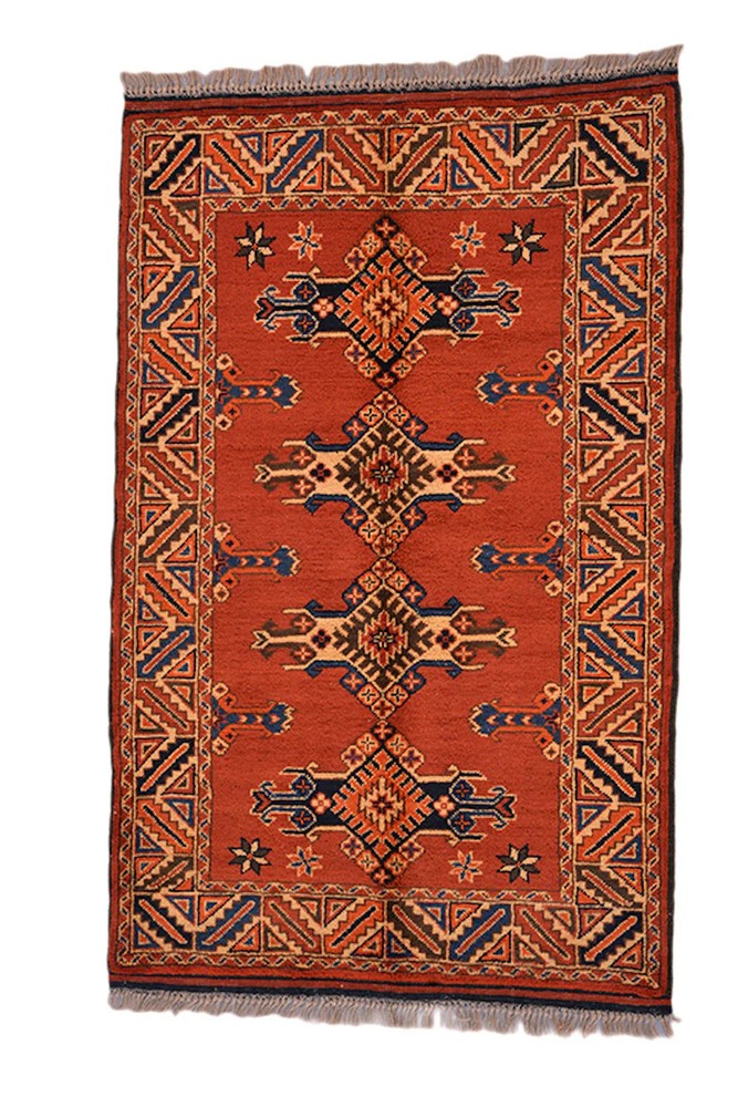 Bright Geometric Tribal Vintage Turkish 2' 11" x 4' 2" Red Hand Knotted Rug