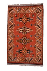 Bright Geometric Tribal Vintage Turkish 2′ 11″ x 4′ 2″ Red Hand Knotted Rug