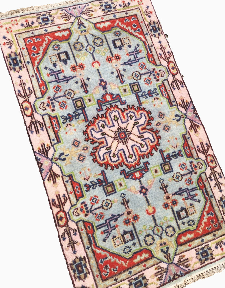 3'X5' ANTIQUITY HAND WOVEN CAUCASIAN -KAZAK TRIBAL MUTED BLUE GREEN WOOL RUG