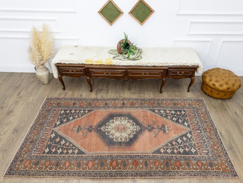 Faded Turkish Anatolian Tribal Wool Area Rug 4.8x8.9 ft Hand-woven Oushak Carpet gallery