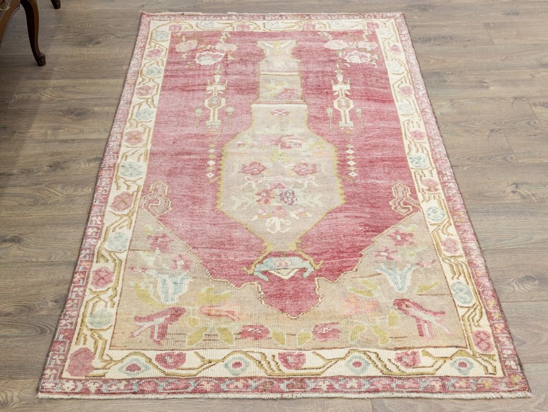 Vintage Boho Chic Turkish Tribal Wool Rug 4x6.2 ft Hand Knotted Oushak Carpet gallery