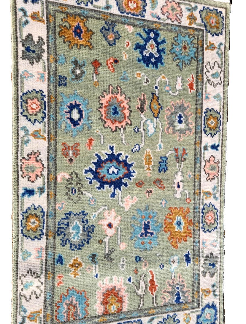 3'X 5' HAND-KNOTTED TURKISH OUSHAK TRIBAL VINTAGE WOOL muted green RUG gallery
