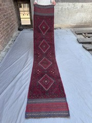 2×9 Vintage Afghan Mishwani Runner Hand Knotted Tribal Geometric Hallway Rug