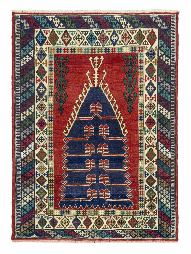 Vintage Turkish Anatolian Hand-Knotted Wool Prayer Rug Red Navy 4'3" x 5'11" ft