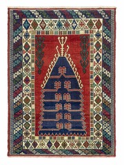 Vintage Turkish Anatolian Hand-Knotted Wool Prayer Rug Red Navy 4’3″ x 5’11” ft
