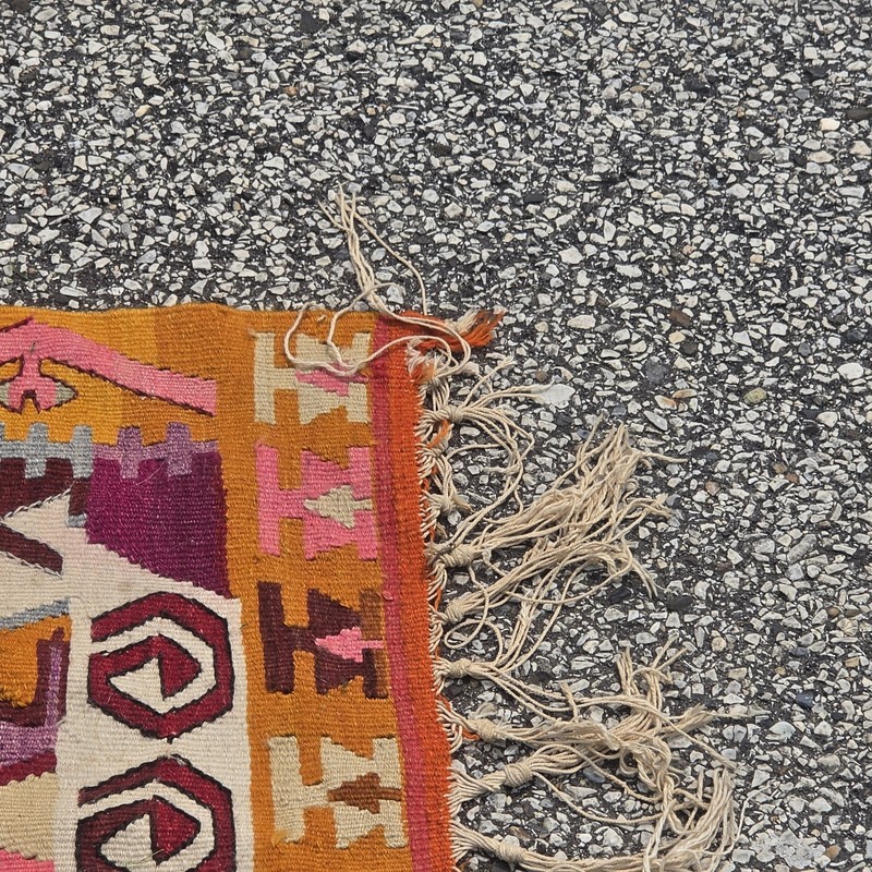 Vintage Turkish Anatolian Kilim Rug 148x60” Handwoven Geometric Wool 12’4” x 5’ gallery