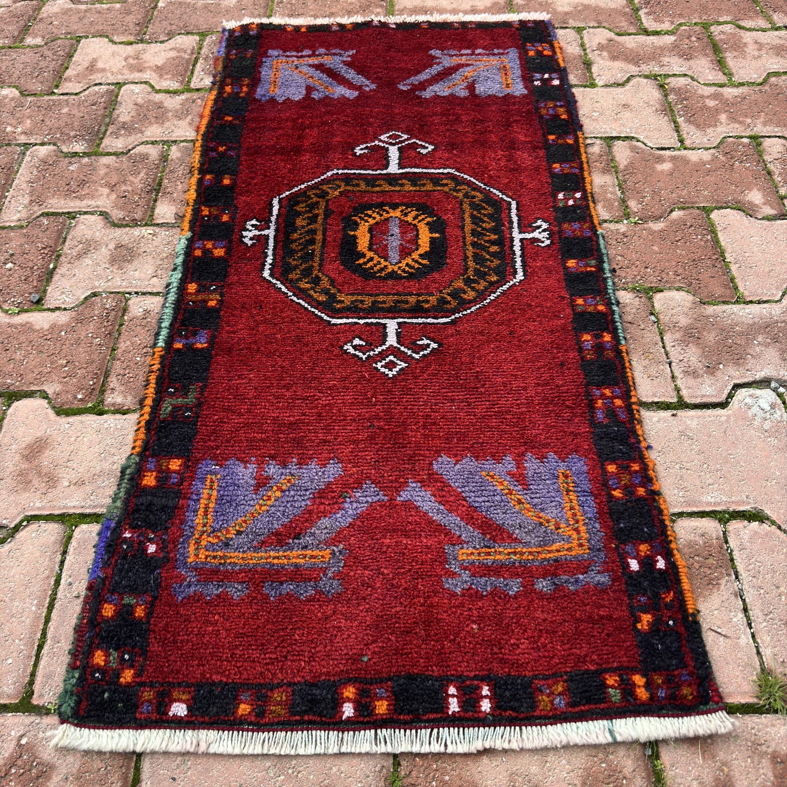 2x4 Ruby Red Black Lavender Turkish Vintage Wool Handmade Rug - Tariff Free gallery