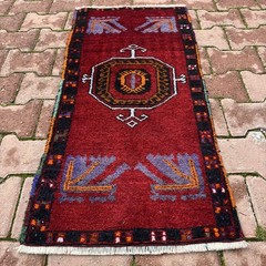 2×4 Ruby Red Black Lavender Turkish Vintage Wool Handmade Rug – Tariff Free