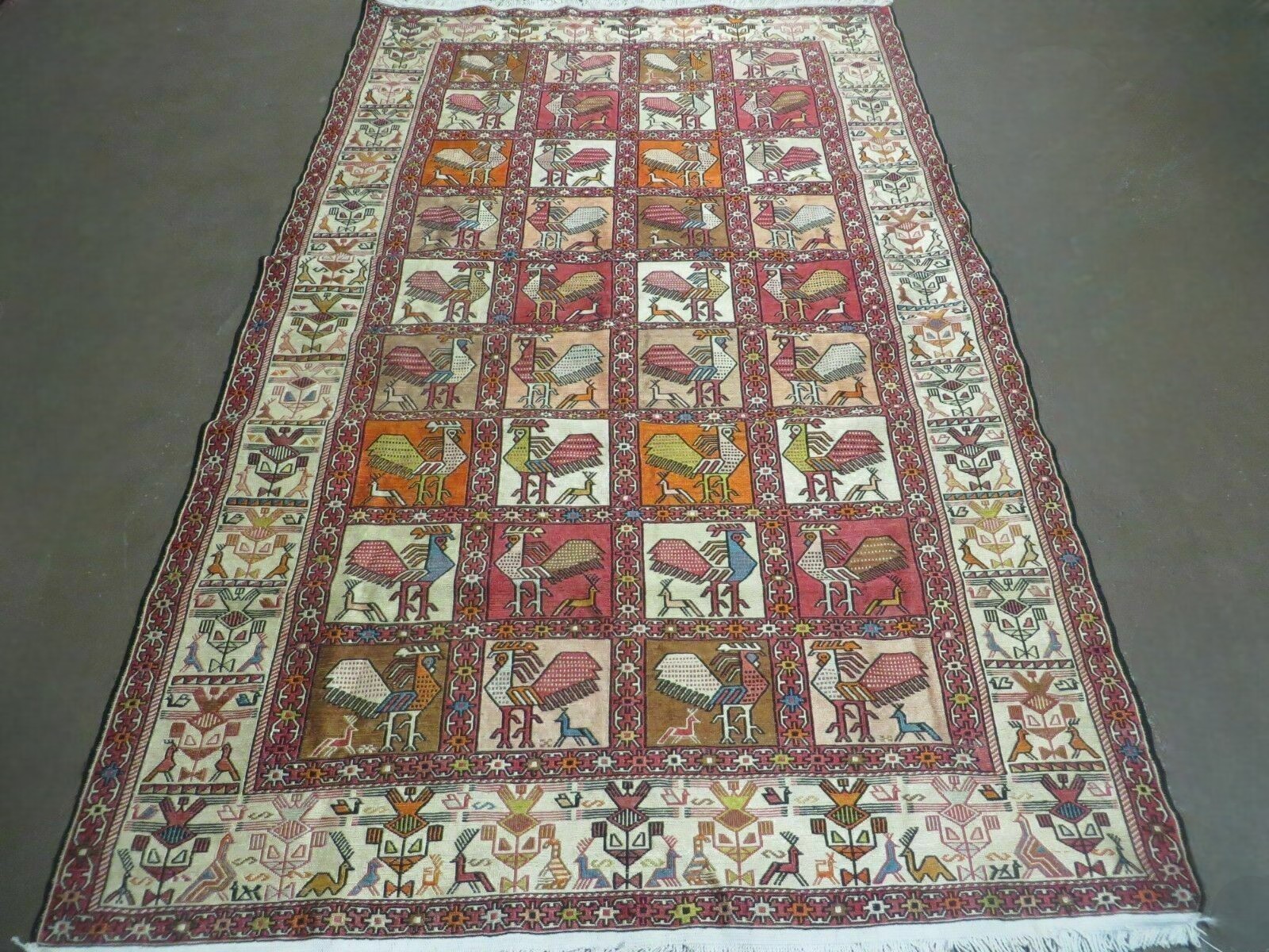 Semi Antique Russian Soumak Rug 4x6, Silk & Wool, Roosters, Panel Design, Rare gallery