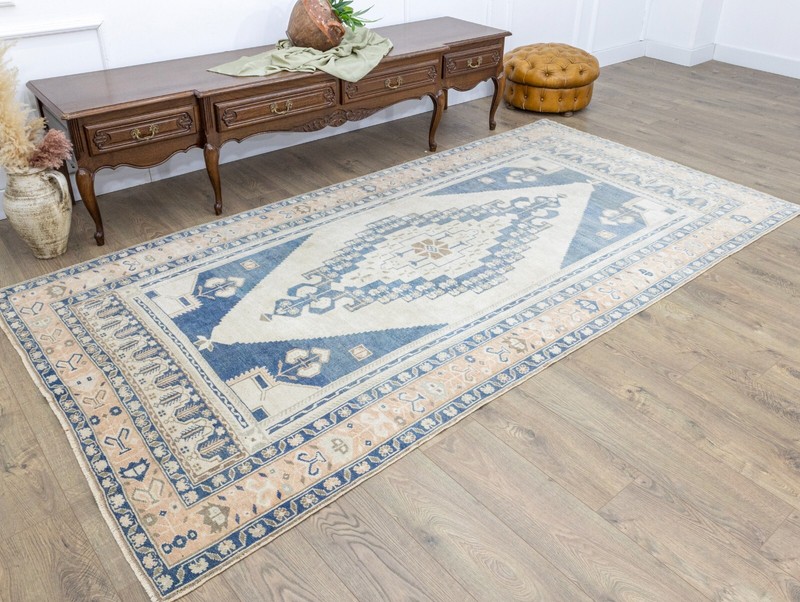Vintage Handmade Turkish Oushak Wool Rug 5'1" × 9'10" ft – Indigo Earth Tone gallery