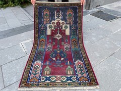Vintage Turkish Prayer Rug 2.4×4.2 ft Tribal Blue Pink Anatolian Wool Carpet