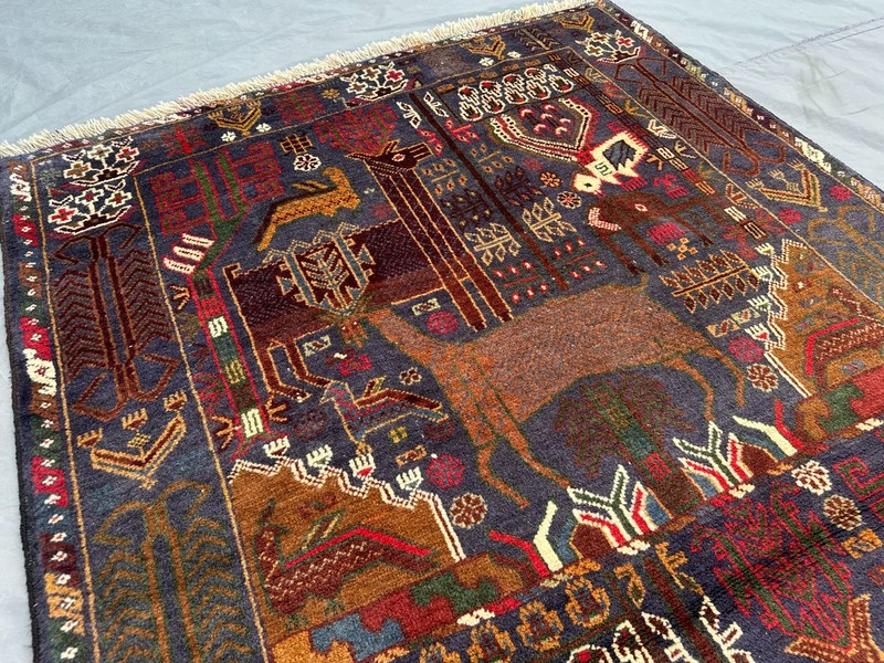 4x7 Vintage Baluchi Pictorial Animal Hunting Rug – Hand-Knotted, Tribal Rug gallery