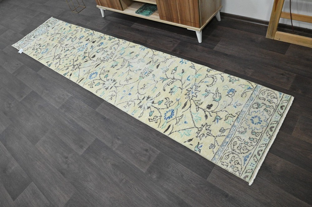 Vintage Turkish Runner Rug 2x10ft TAN Handmade Anatolian Oushak Hallway Wool
