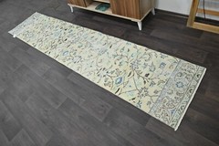 Vintage Turkish Runner Rug 2x10ft TAN Handmade Anatolian Oushak Hallway Wool