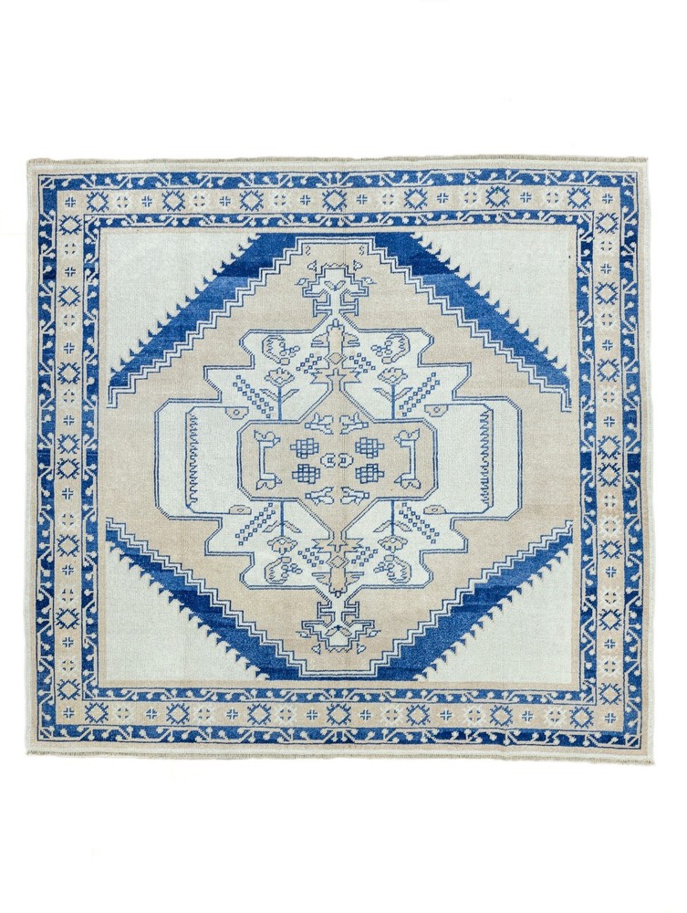 6.9x6.5 ft Oushak Square Rug, Vintage Style Turkish Handknotted Wool Area Carpet