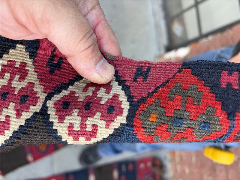 Auth: 19th C Yuruk Kurdish Kilim Drapery Hanging Wool & METAL 60x72 gallery