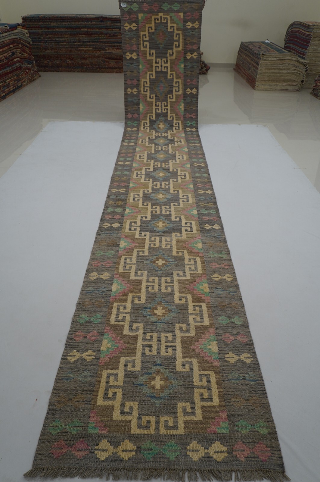 3 x 16 ft Gray Afghan Hand Woven Wool Reversible Tribal Runner Rug 2'10x16'4" gallery