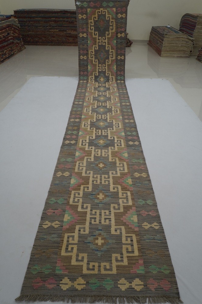 3 x 16 ft Gray Afghan Hand Woven Wool Reversible Tribal Runner Rug 2'10x16'4"