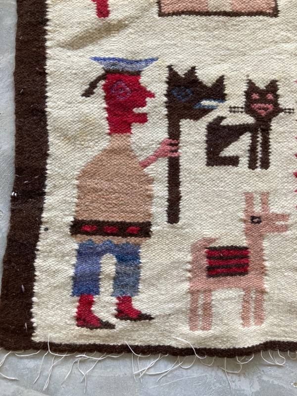 Vintage Handmade Peruvian Pictorial Wool Kilim Rug Carpet 98X59 cm gallery