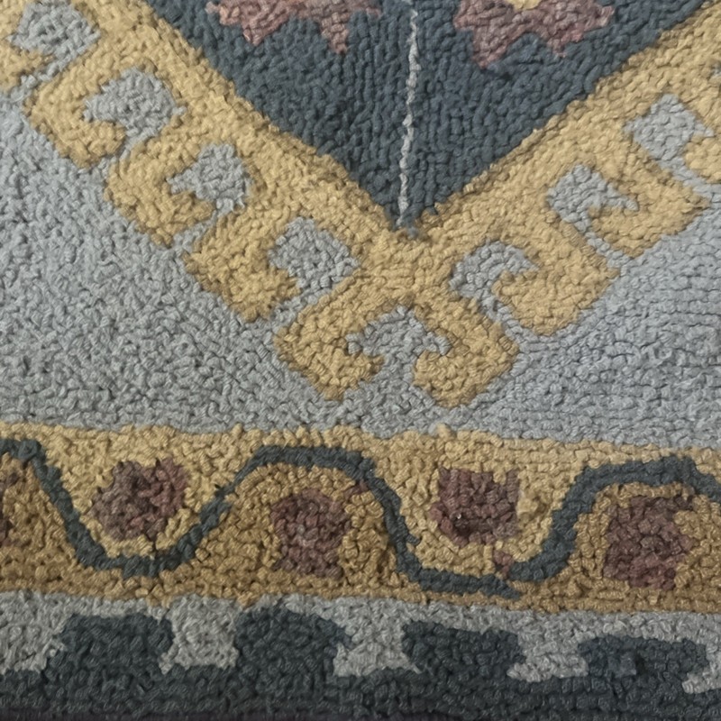 Vintage Signed FOLK ART Hooked Rug 26 x22 Geometric Flynn Flood Blue Carpet Mat gallery
