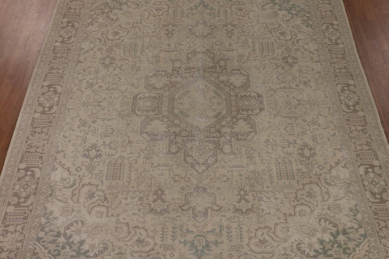 Distressed Muted Area Rug 10x13 Ft Hand-Knotted Beige Medallion Wool Carpet gallery