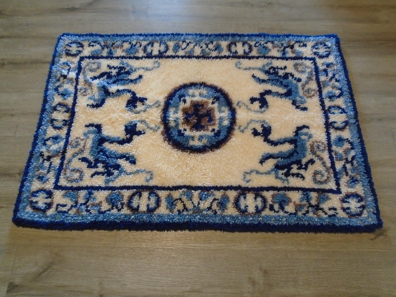 Vintage Hand Made Hooked Oriental Theme Dragons Rug Hanging 44"X30" gallery