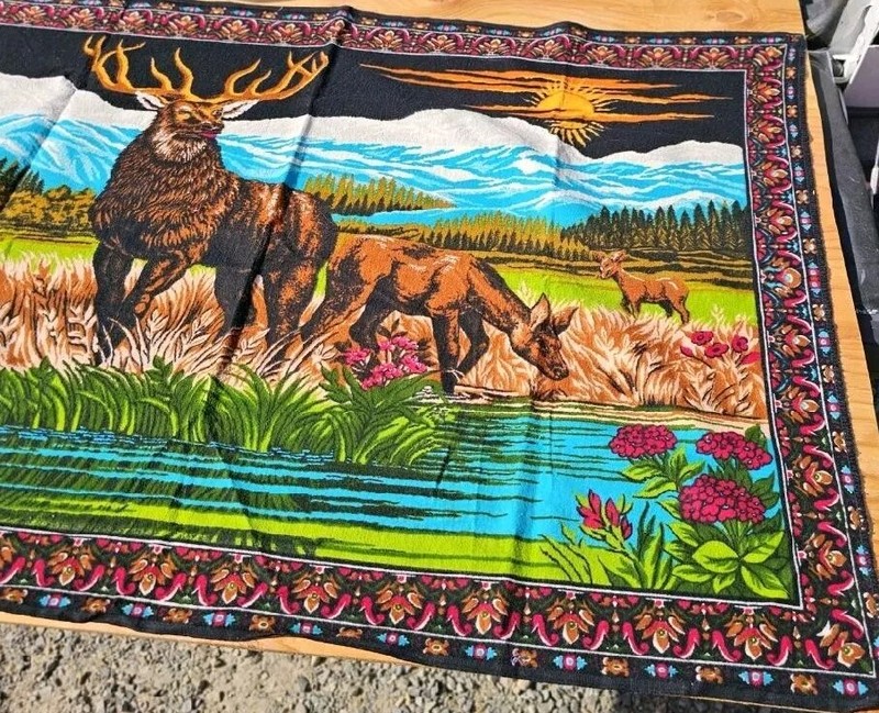 Vtg Cotton Tapestry Wall Hanger Elk Wildlife Mountain Scene ~ Made in Turkey gallery