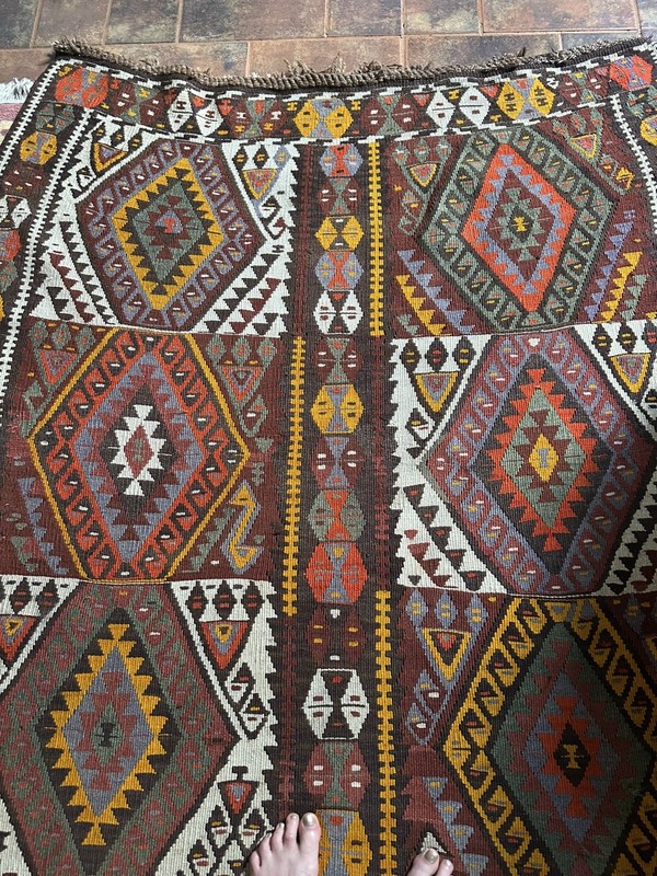 Turkish Handwoven Flat Weave Wool Kilim Rug Black Brown Cream Orange Blue gallery