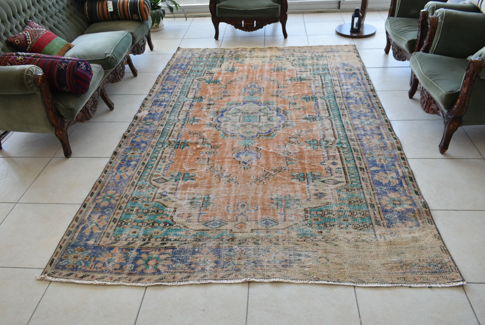 Large Turkish Rug 8.8x5.5 ft Vintage Rug Faded Oushak Rug Living Room Carpet B20 gallery