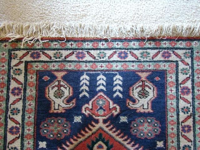 Beautiful Vintage 100% Woven Wool 40" Long Geometric Red & Deep Blue Rug gallery
