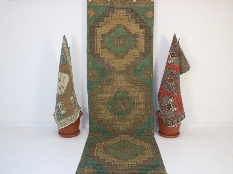 Extra Long Vintage Runner Rug , Green Beige Distressed Wool Hallway 3x12 ft gallery