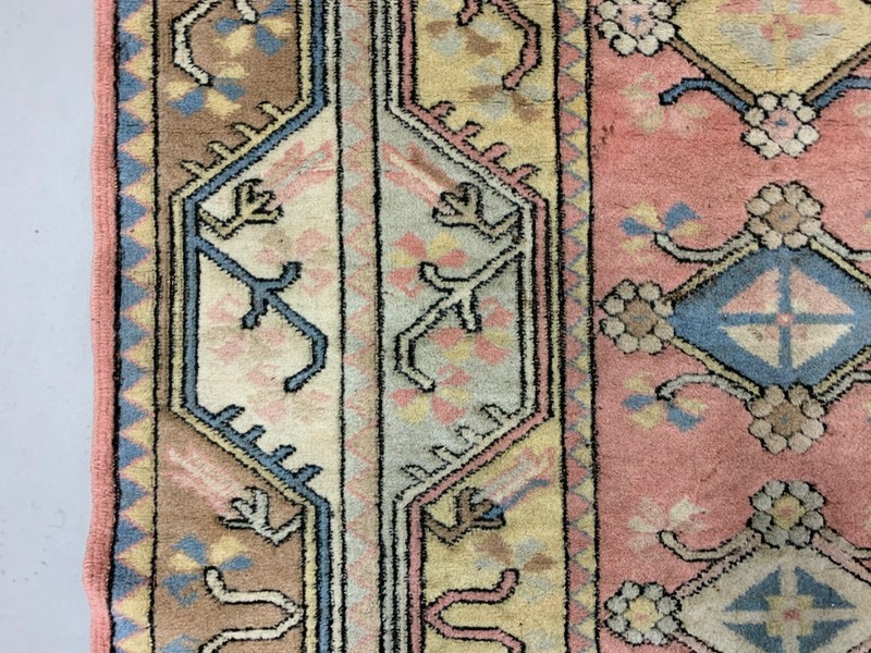 Old Turkish Milas Rug 212x122 cm old vintage carpet Ushak Region Pink Beige Blue gallery