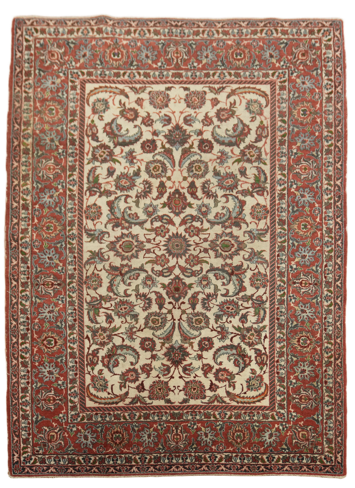 Fine Pre-1900 4x5 Antique Traditional Wool Floral Area Rug in Red & Ivory Tones gallery