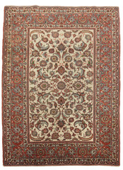Fine Pre-1900 4×5 Antique Traditional Wool Floral Area Rug in Red & Ivory Tones