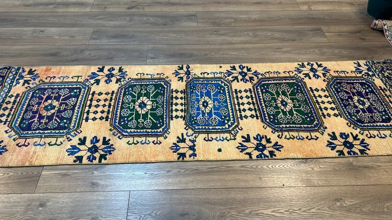 2.6 x 9.6 ft Yellow Rug, Blue Rug, Handmade Runner Rug, Oushak Runner Rug gallery