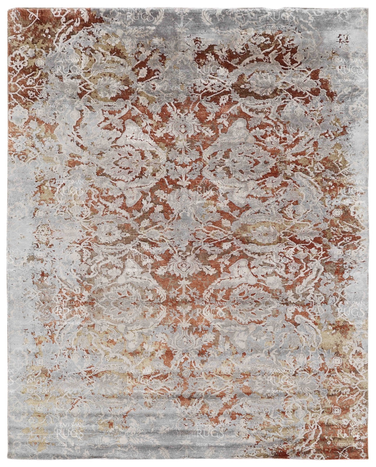 Handmade Vintage Floral Vine Rug – Gray, Rust, Beige & Blue 8x10 ft gallery