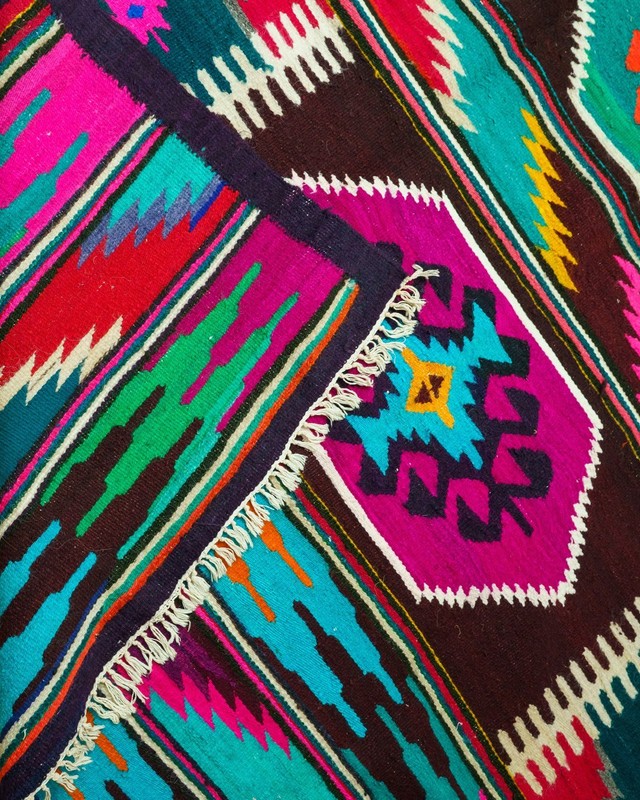 Oltenian Kilim Runner 100% Wool Geometric Neon Multicolor 1970s Romania 13x5ft gallery