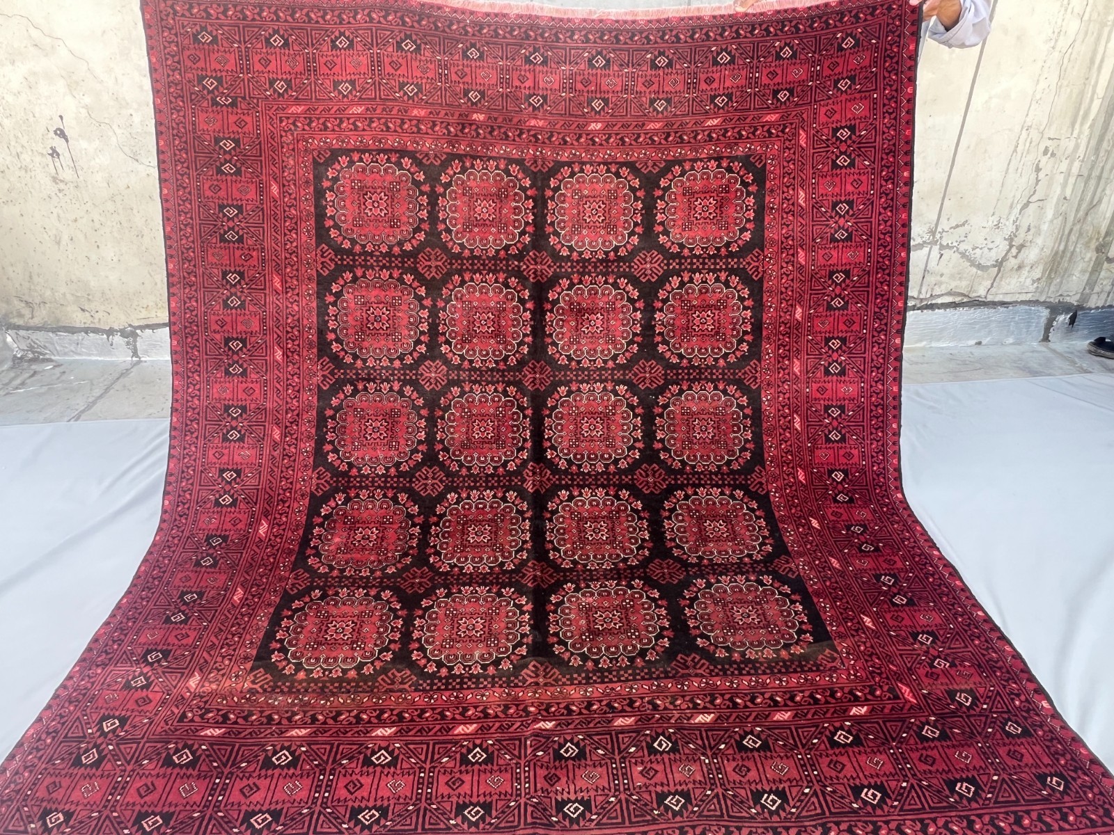 Vintage Turkmen Bukhara Rug 7x8 Hand Knotted Tribal Wool Red Black Bedroom Rug gallery