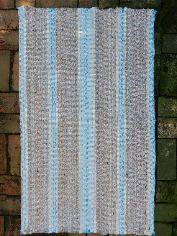 Vintage Cottage Core Rag Rug Blue and Gray stripes 26 x 44 in. VGC gallery
