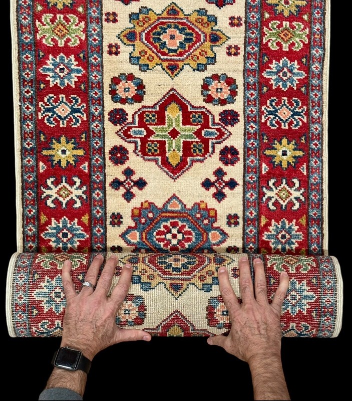Brand New Colorful Tiny Runner Handmade Ivory Blue Red Geometric Wool Kazak 2x6 gallery