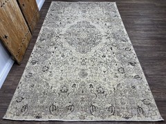 7×11 Beige Gray Brown Vintage Turkish Area Rug, Hand-Knotted Wool Bedroom Rug