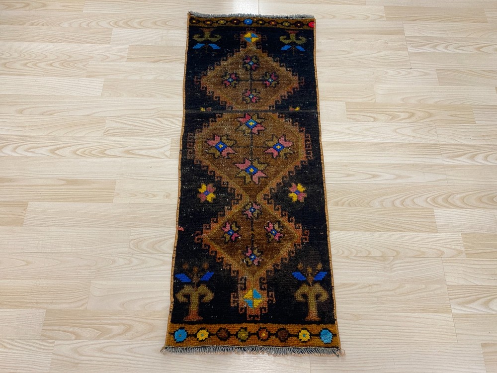 Vintage Patchwork Rug 1.3x3.2 ft Antique Geometric Medallion Dark Tribal Carpet