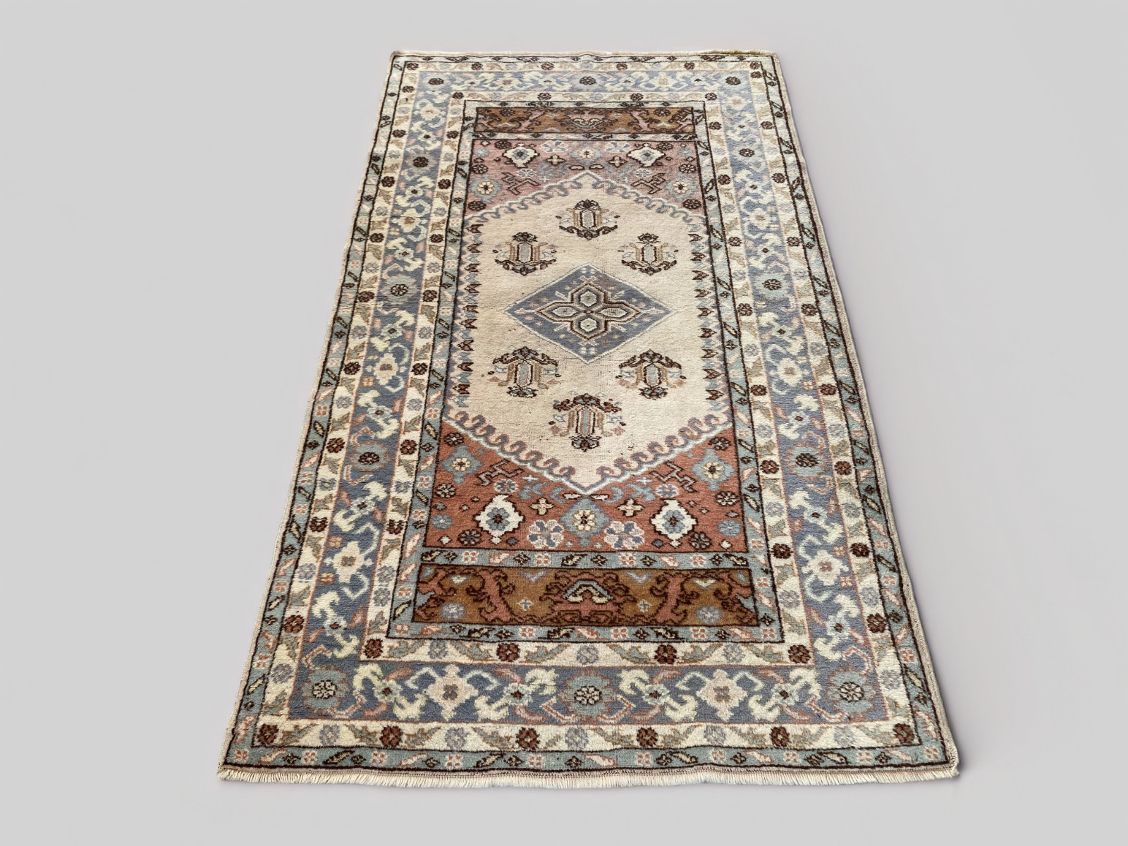 1970s Vintage Oushak Area Rug 3.4x6 ft Turkish Ivory Hand-Knotted Wool Boho Deco gallery