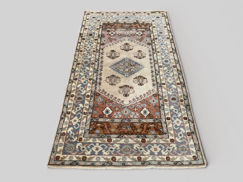 1970s Vintage Oushak Area Rug 3.4x6 ft Turkish Ivory Hand-Knotted Wool Boho Deco