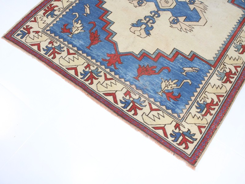 Vintage Hand Knotted Area Rug Blue Red Beige Tribal Medallion 5x6 ft gallery