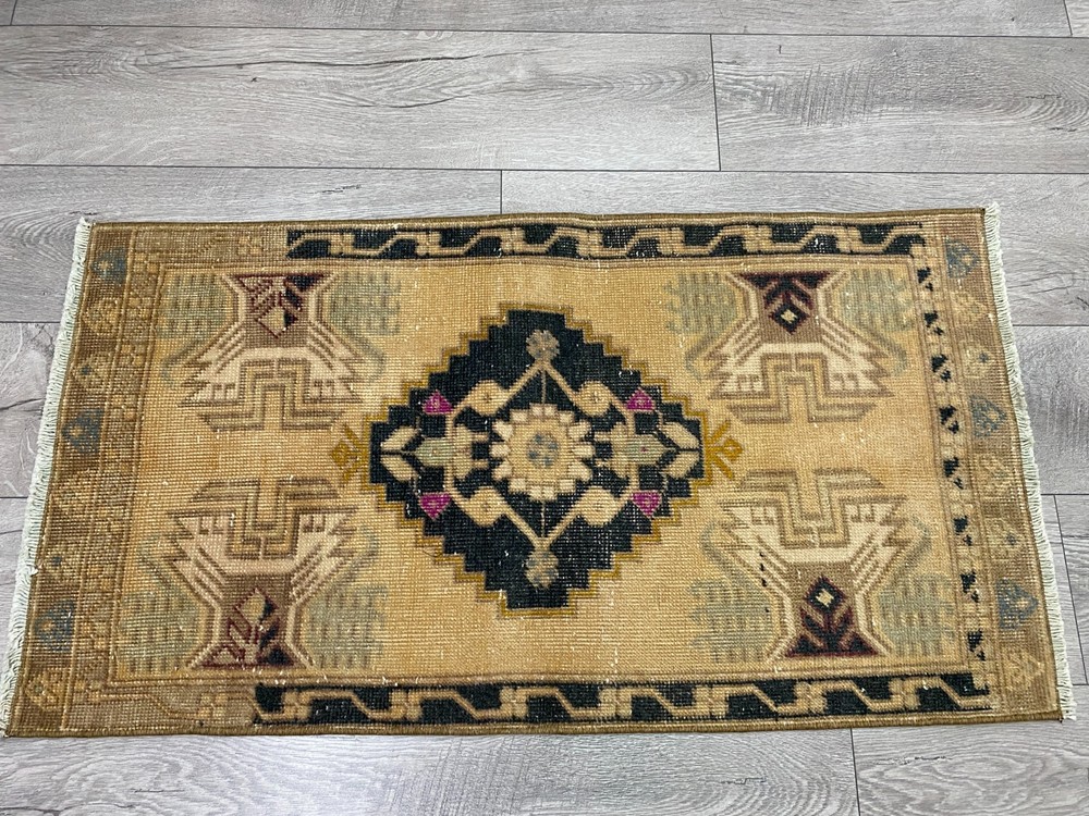 Vintage Turkish Medallion Rug Small Tan Black Navy Oriental Door Mat 1.8x3.3 ft